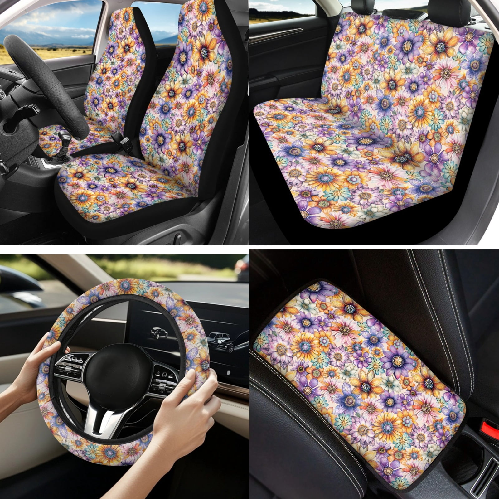 Yuyamidu Colorful Floral Car Seat Cover Full Set with Steering Wheel Cover Seat Belt Pads Armrest Cover Cushion Cup Holders Lip Gloss Holder Keychain for Most Vehicles Floral Auto Accessories