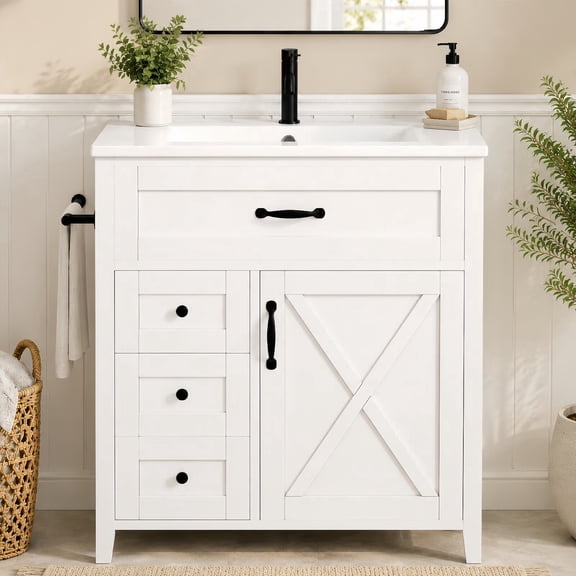 30" Bathroom Vanity with Sink, Freestanding Bathroom Cabinet with 4 Storage Drawers, Ceramic Sink Top, White