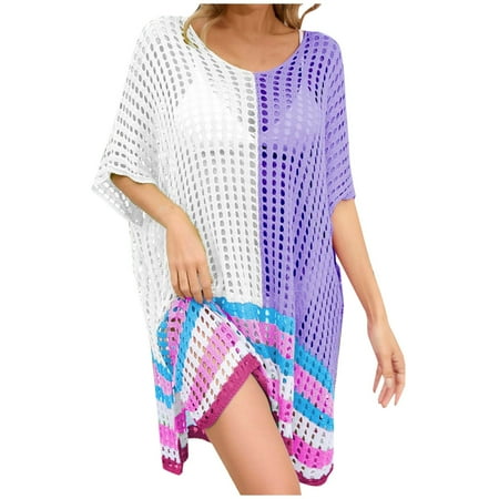 Oplxuo Women s Bohemian Color Block Crochet Hollow Out Swimsuit Cover Ups Summer Loose Batwing See Through Mini Beach Dress