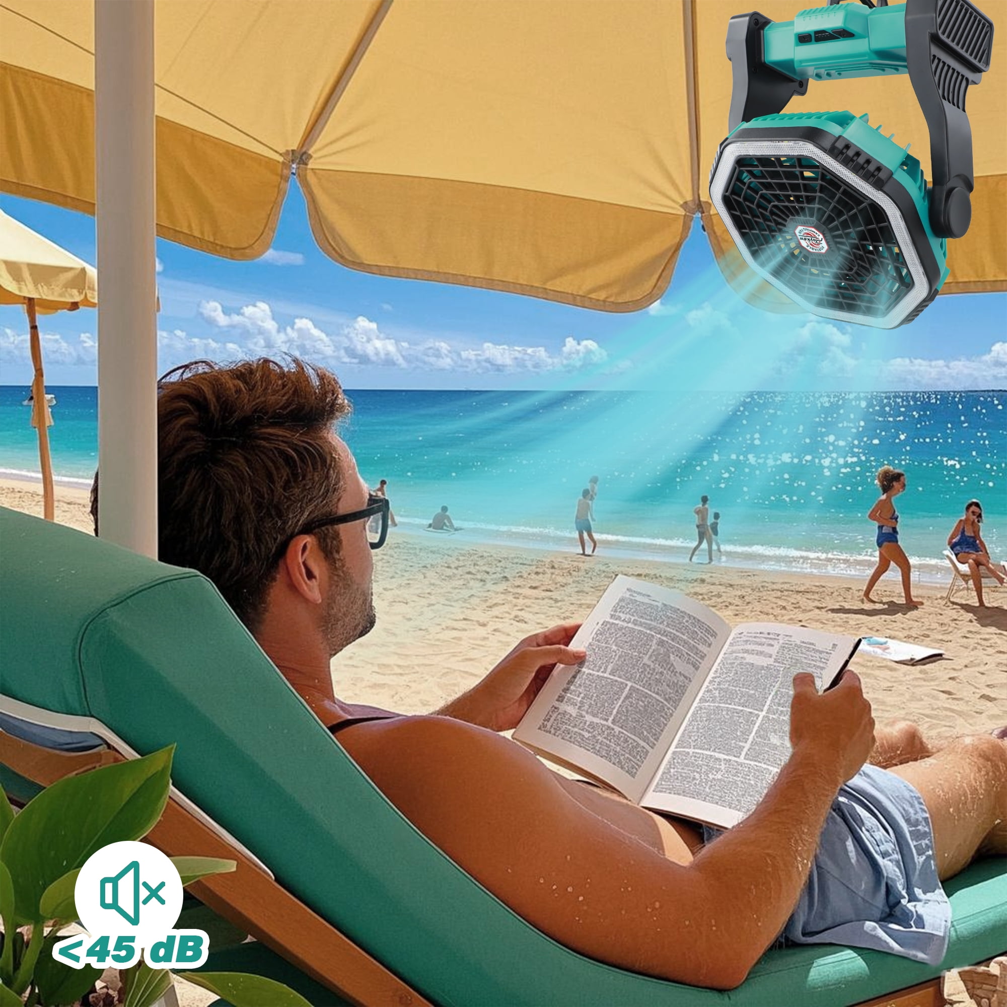 Roykaw Portable Fan for Travel, 10400 mAH Rechargeable Camping Fan, Cordless Battery Powered Fan with Led Light, Battery Fan with Handle, Hang Hook for Tent, Fishing, Hurricane Fan for Bedroom, Green