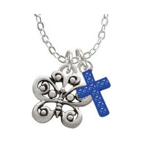 Small Antiqued Butterfly - Blue Crystal Cross Sophia Necklace, 18" 1"