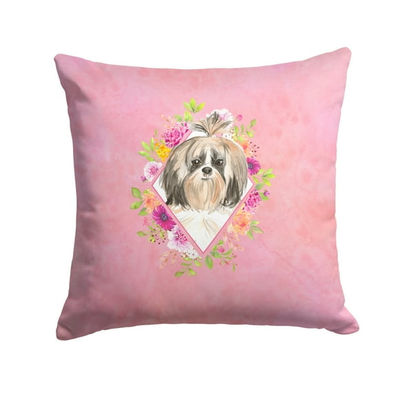 Carolines Treasures CK4212PW1414 Shih Tzu Pink Flowers Fabric Decorative Pillow  14Hx14W multicolor