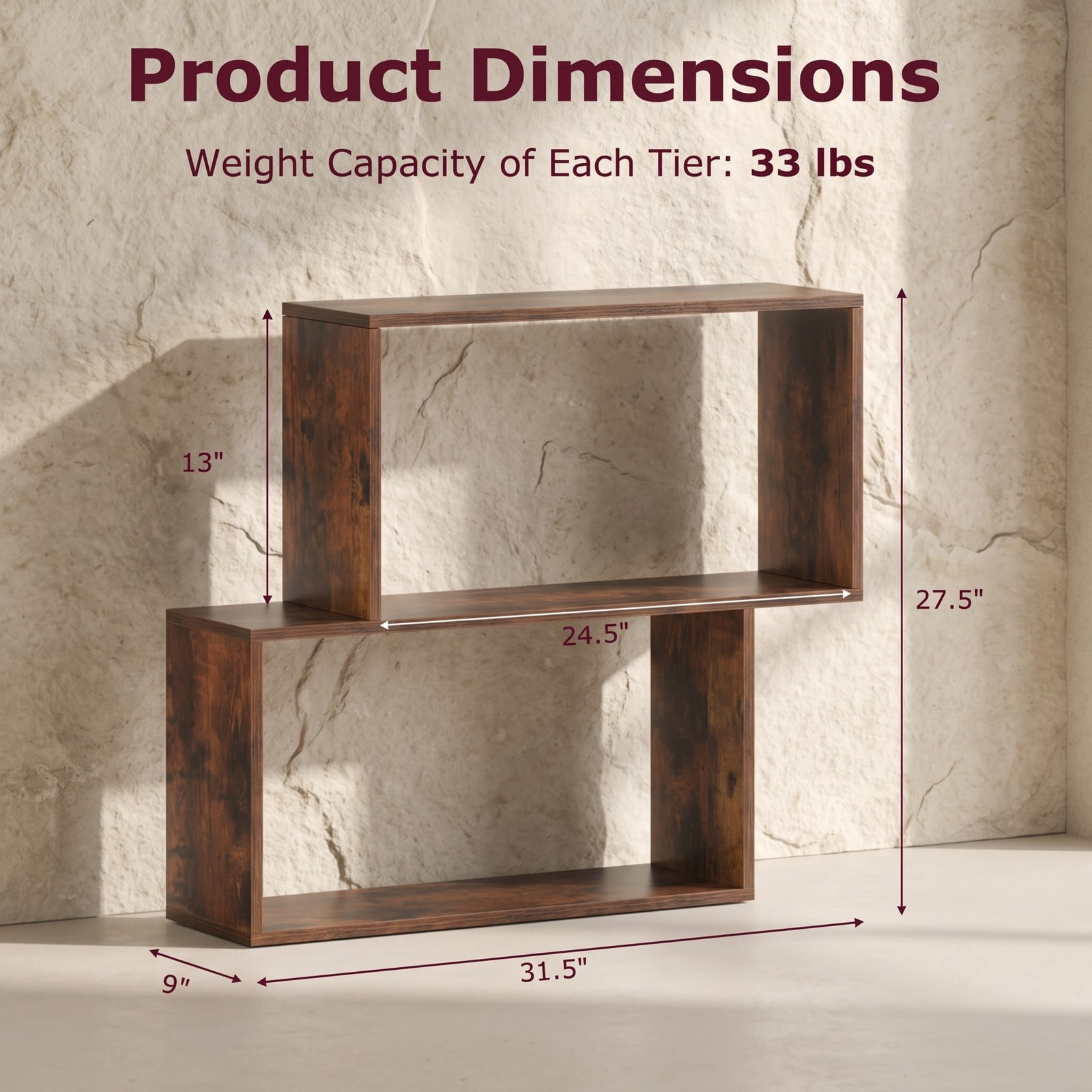 Furnibear 3-Tier Geometric Bookshelf, Freestanding Wooden Bookcase with 2 Cubic Compartments, Open Display Storage Shelf for Home Office Living Room, Rustic Brown