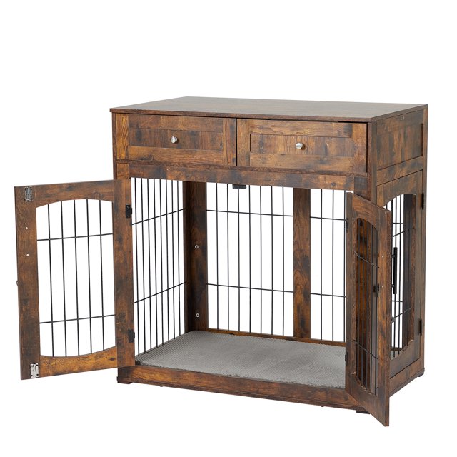 3-Side Access Dog Crate with Plush Cushion | Large Wooden Kennel Features Dual Drawers & Multi-Door Design