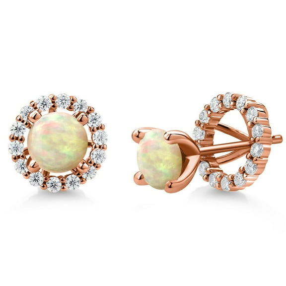 Gem Stone King 18K Rose Gold Plated Silver Stud Earrings Cabochon Ethiopian Opal Moissanite (1.54 Cttw)