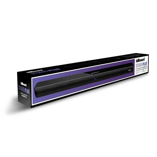 Barra de sonido Billboard Studio Plus Negro con diseño rectangular y acabado negro mate, incluye control remoto y conectividad HDMI ARC, óptica, USB y auxiliar 3.5 mm, ofrece tres ecualizaciones digitales para optimizar audio en películas, series y videojuegos.