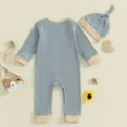 thumbnail image 4 of Rhuody Boy Onesies 6-12 Months Ribbed Bodysuit Long Sleeve Letter Print Outfit With Matching Hat Autumn Winter Infant Baby Casial Simple Clothes Blue, 4 of 5