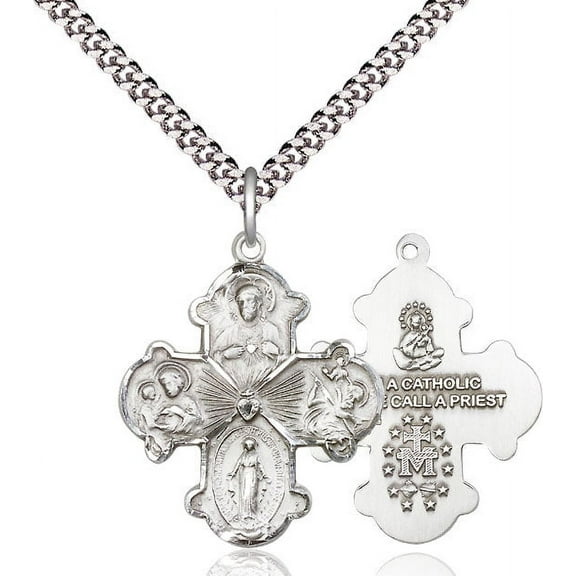 Extel Large Pewter Traditional Catholic 4-Way Cross Cruciform Pendant with 24" chain with Miraculous Medal, St. Joseph, St. Christopher and Sacred Heart, Made in USA
