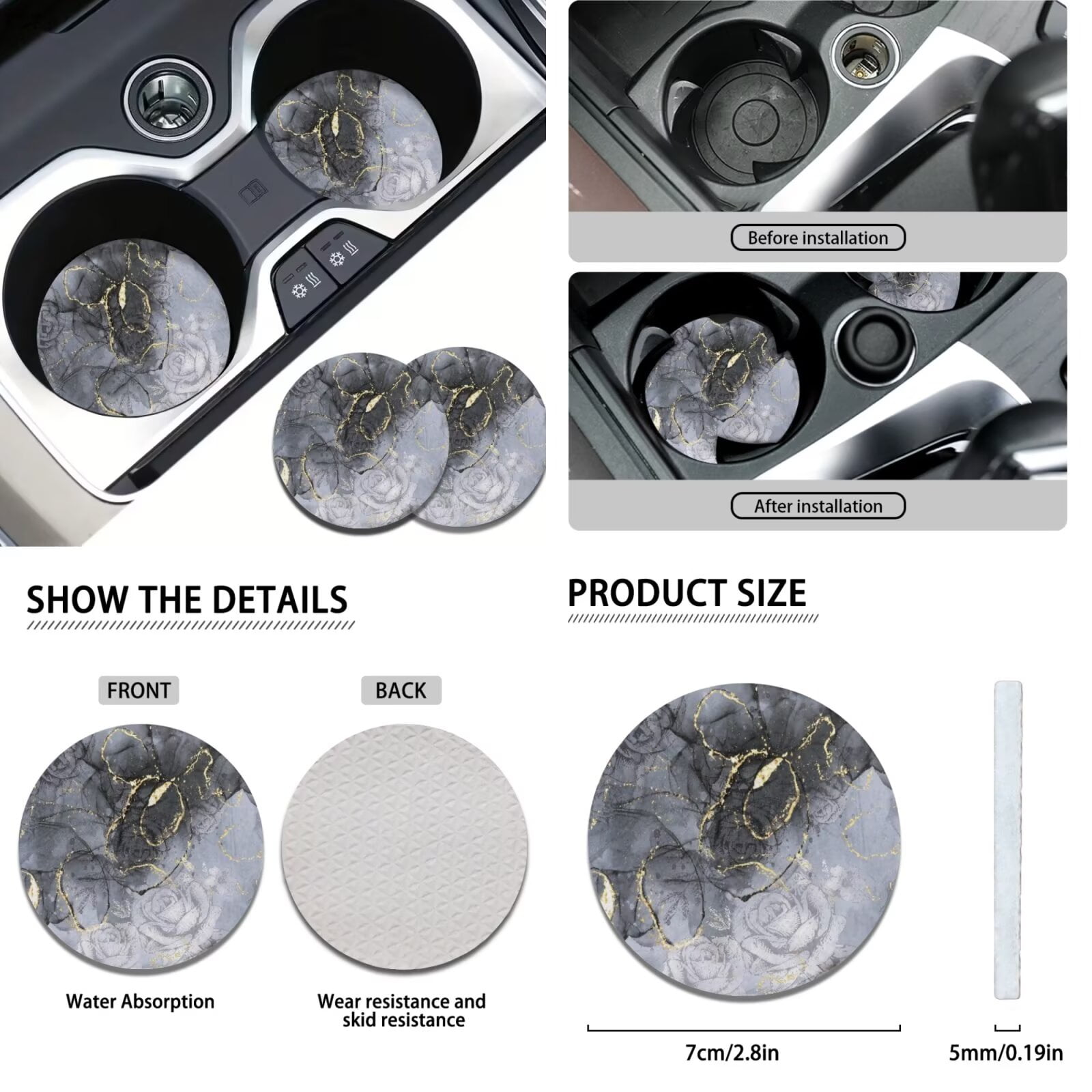 Garronmavis Black Gold Marble Car Seat Covers Full Set Accessories Auto Set of 11 with Cars Headrest Protectors+Lanyards Key Ring+Auto Cup Coaster+Handbrake Gear+Shift Knob Cover