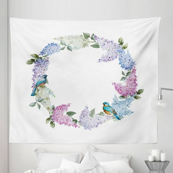 Lilac Tapestry, Flower Wreath with Fresh Blooms and Little Bird Tender Gentle Romantic Season Bridal, Fabric Wall Hanging Decor for Bedroom Living Room Dorm, 5 Sizes, Multicolor, by Ambesonne