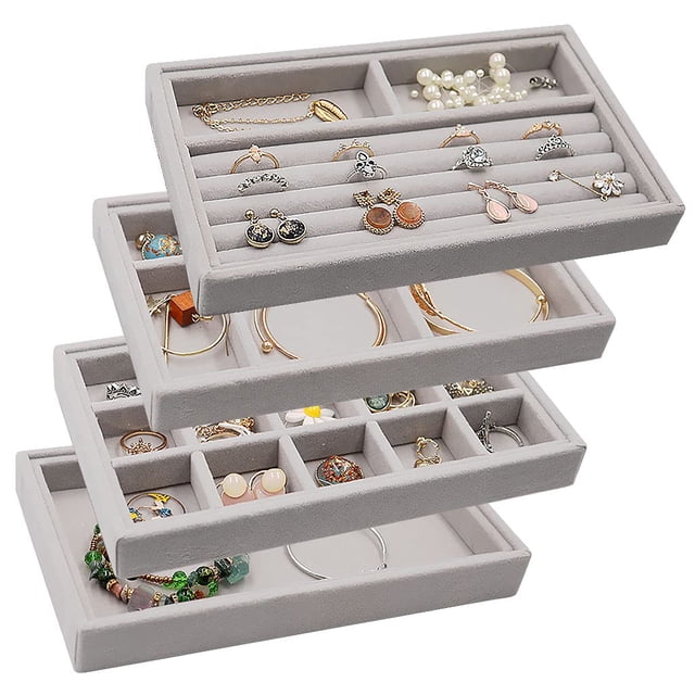 Stackable Jewelry Organizer Trays Drawer Inserts,Velvet Earring Display Trays, Box Ring Holder Necklace Case, Storage for Bracelet Brooch Watch, Set of 4 (Gray)