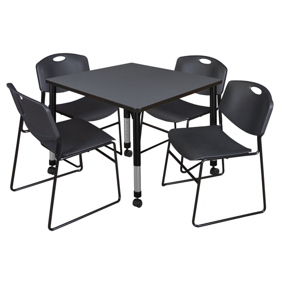 Regency Kee 36" Square Height Adjustable Mobile Classroom Table - Grey & 4 Zeng Stack Chairs- Black