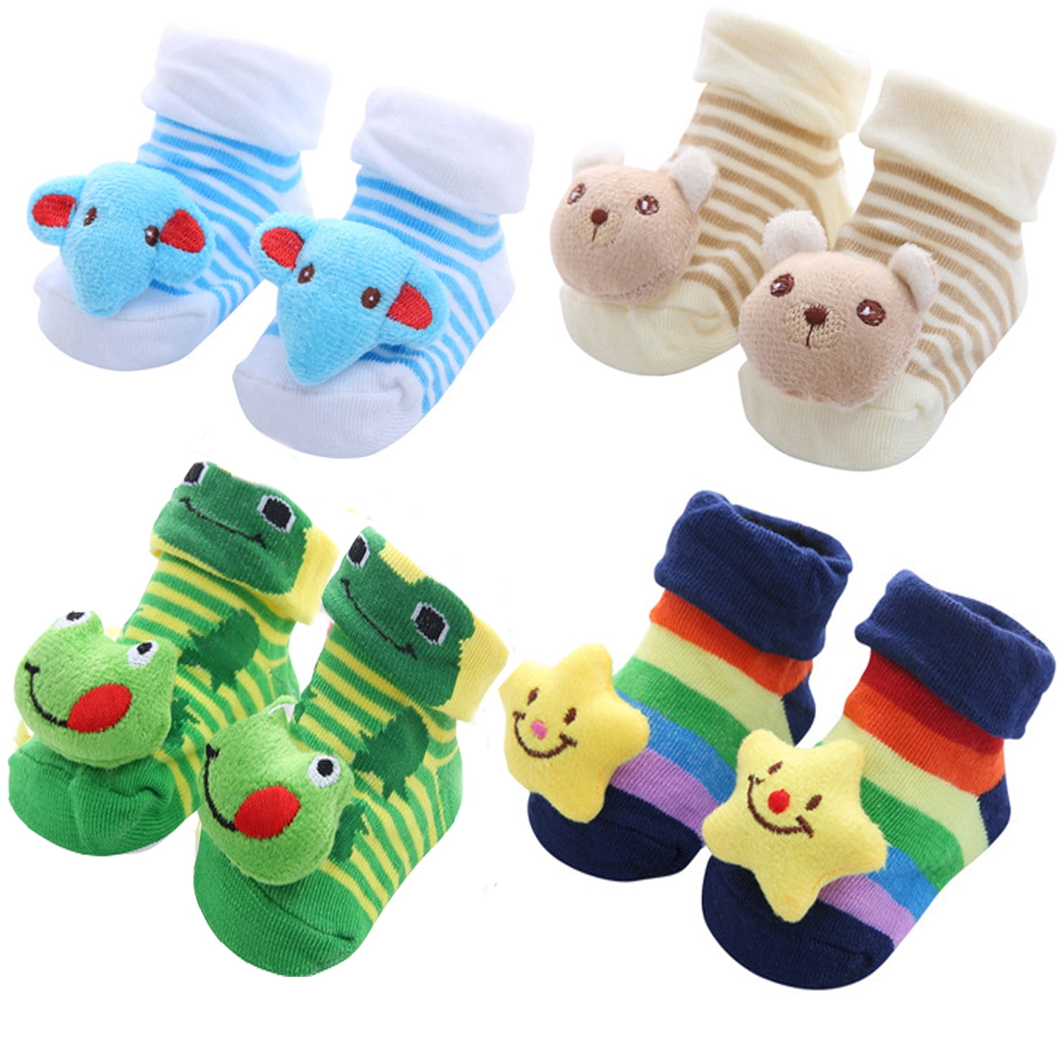 Artiflr Infants Socks 0-12 Month Socks for Boys Girls, Cartoon Non-slip Floor Newborn Baby Bootie Socks (4 pack)