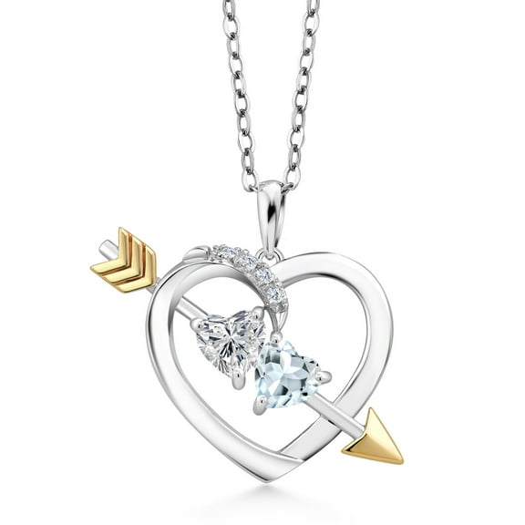 Gem Stone King 925 Silver and 10K Yellow Gold Lab Grown Diamond and Sky Blue Aquamarine Pendant Necklace for Women | 0.90 Cttw | Gemstone April Birthstone | Heart Shape 5MM | With 18 inch Chain
