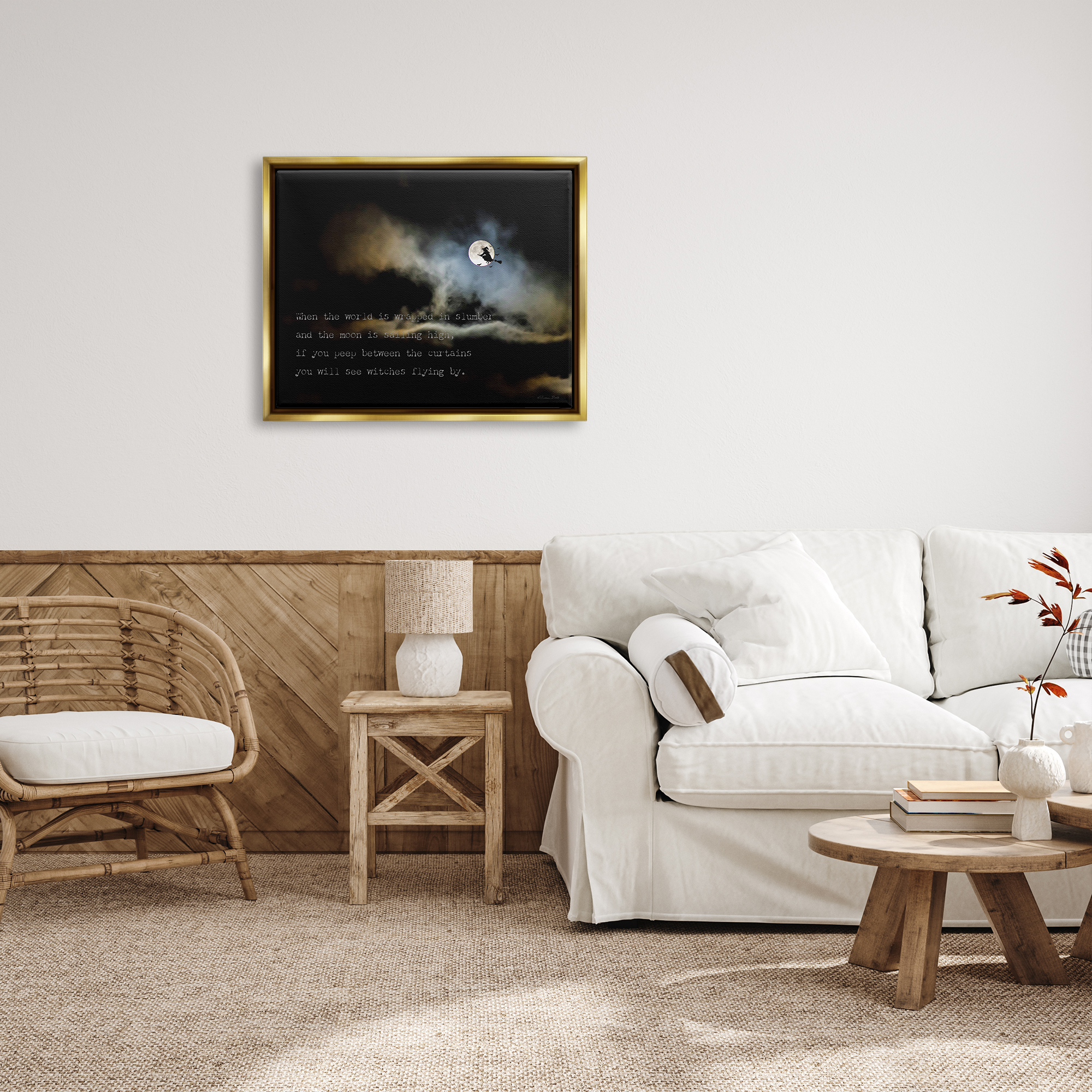 Stupell Industries Witch Flying By Moon Holiday Painting Gold Floater Framed Art Print Wall Art, 31 x 25