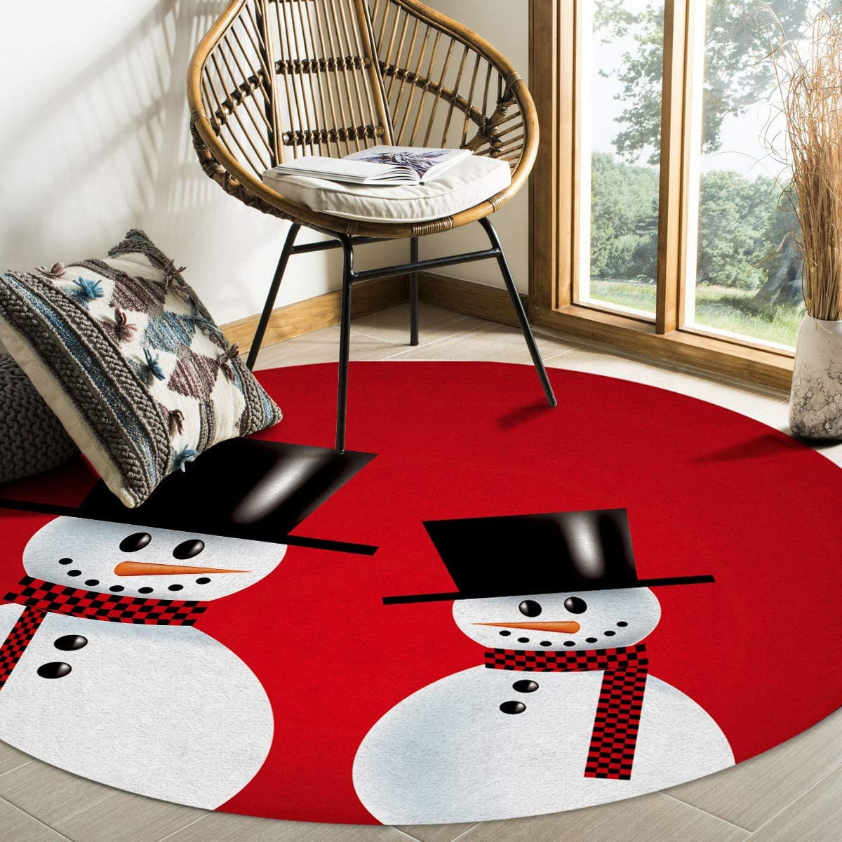 Round Area Rugs Christmas Theme Two Snowman Red White Super Soft Indoor