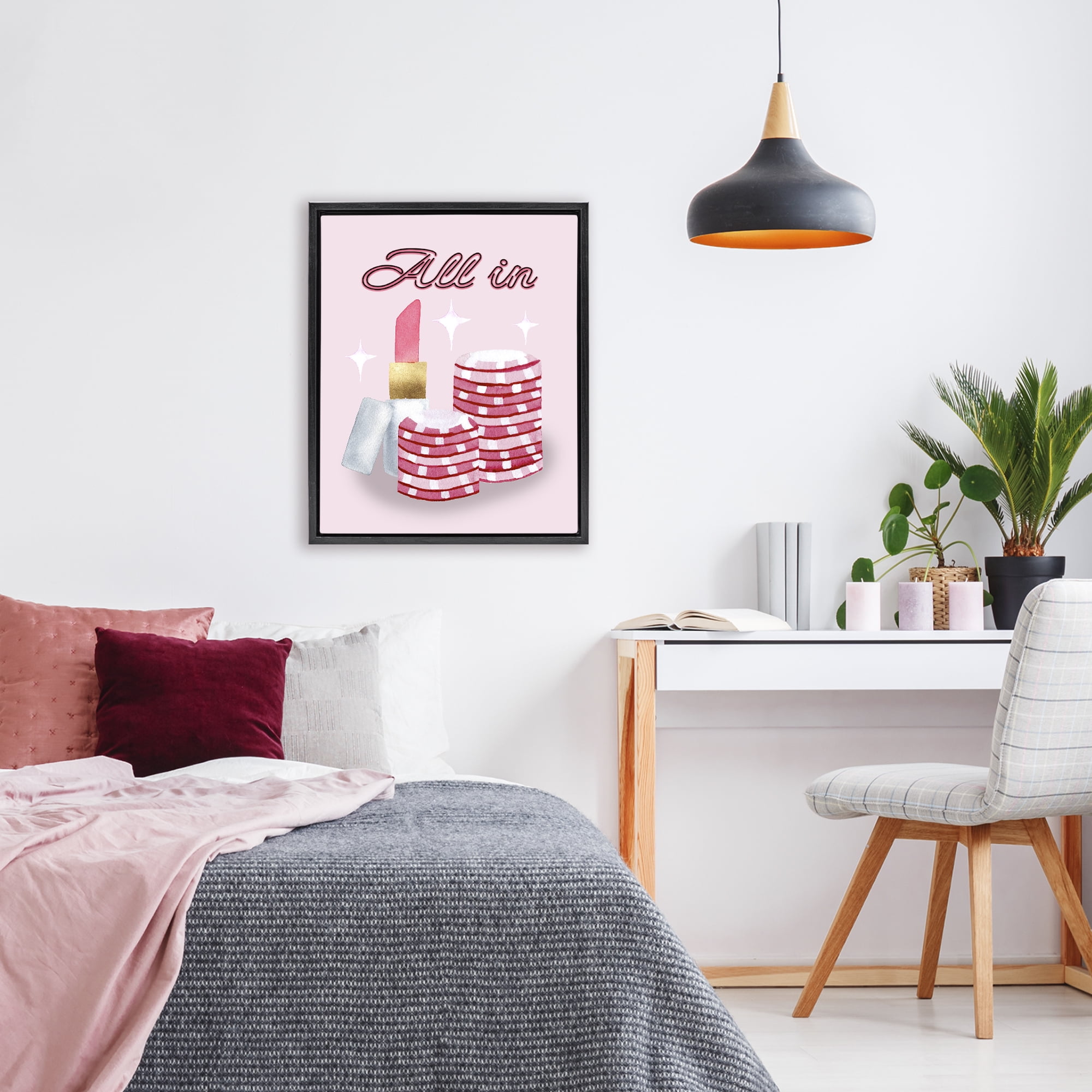 All In Poker Chips & Lipstick Black Framed Floater Canvas Wall Art, design by Nina Jacobs