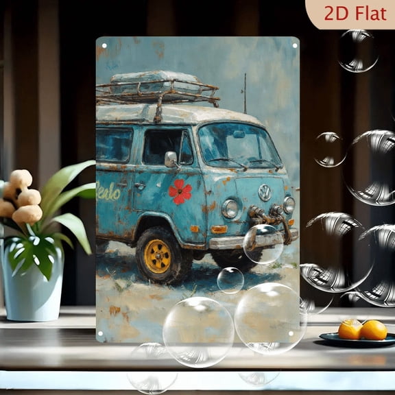 Vintage VW Type 2 Camper Van with Rusty Turquoise Finish, Hibiscus Flower Decal & Wooden Roof Rack, Abstract Coastal Background, Retro Road Trip Artwork, 8x12 Inches Metal Tin Sign Wall Decor