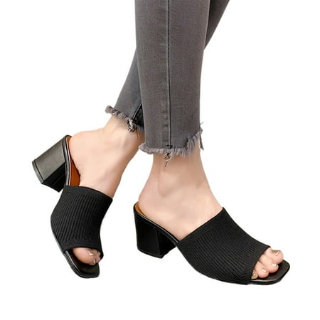 

SUNHUFA Knit Square Open Toe Heels Sandals Slip On Slides Shoes for Women (Black 40)