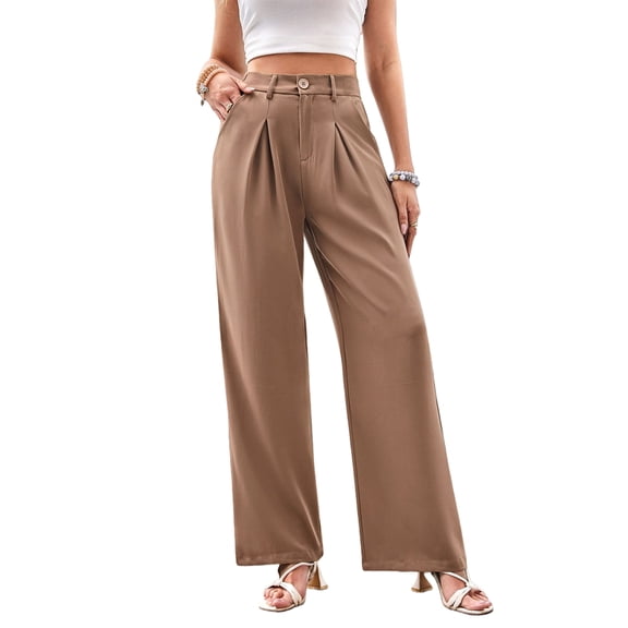 Women'S Wide Leg Dress Pants High Waisted Trousers Business Casual Slacks Button Palazzo Pant Khaki XS