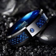 8mm Mens Black Blue Tungsten Rings Wedding Band with Celtic Dragon and Cubic Zirconia Inlay