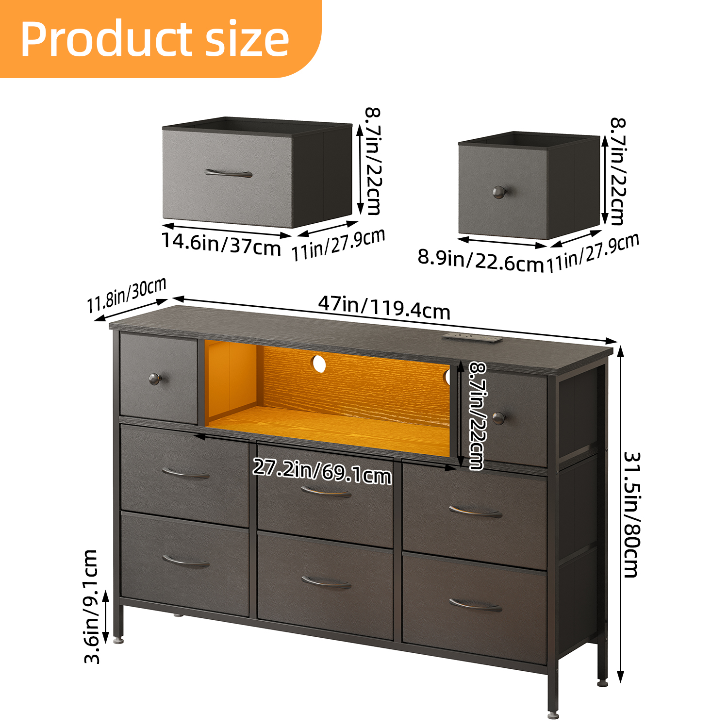 Fairy 55" Black Dresser with LED Lights and Power Outlets photo 2