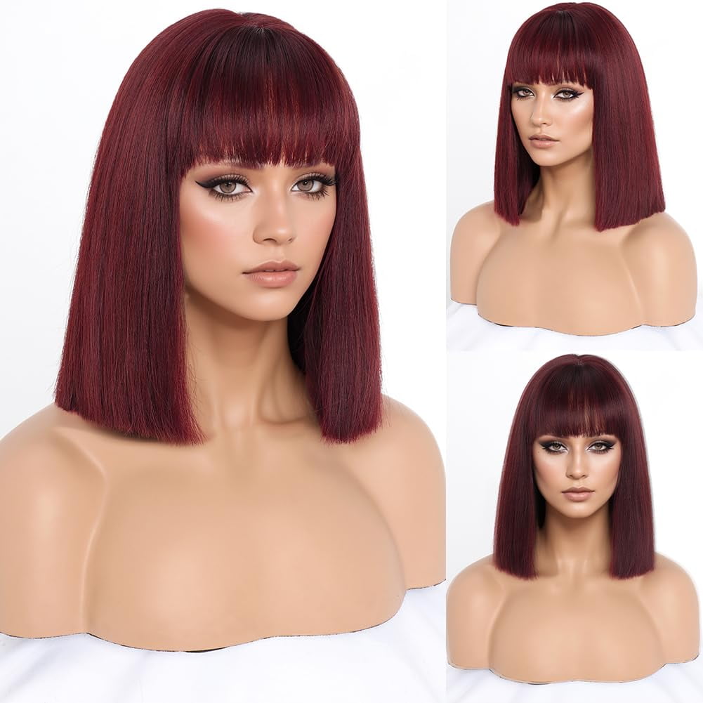 SUCS Short Burgundy Bob Wigs with Bangs,Short Straight Bob Wine Red Wigs for Women Hair Bob Cut Wig Shoulder Length Wig,Natural Looking Cosplay Daily Party Wig