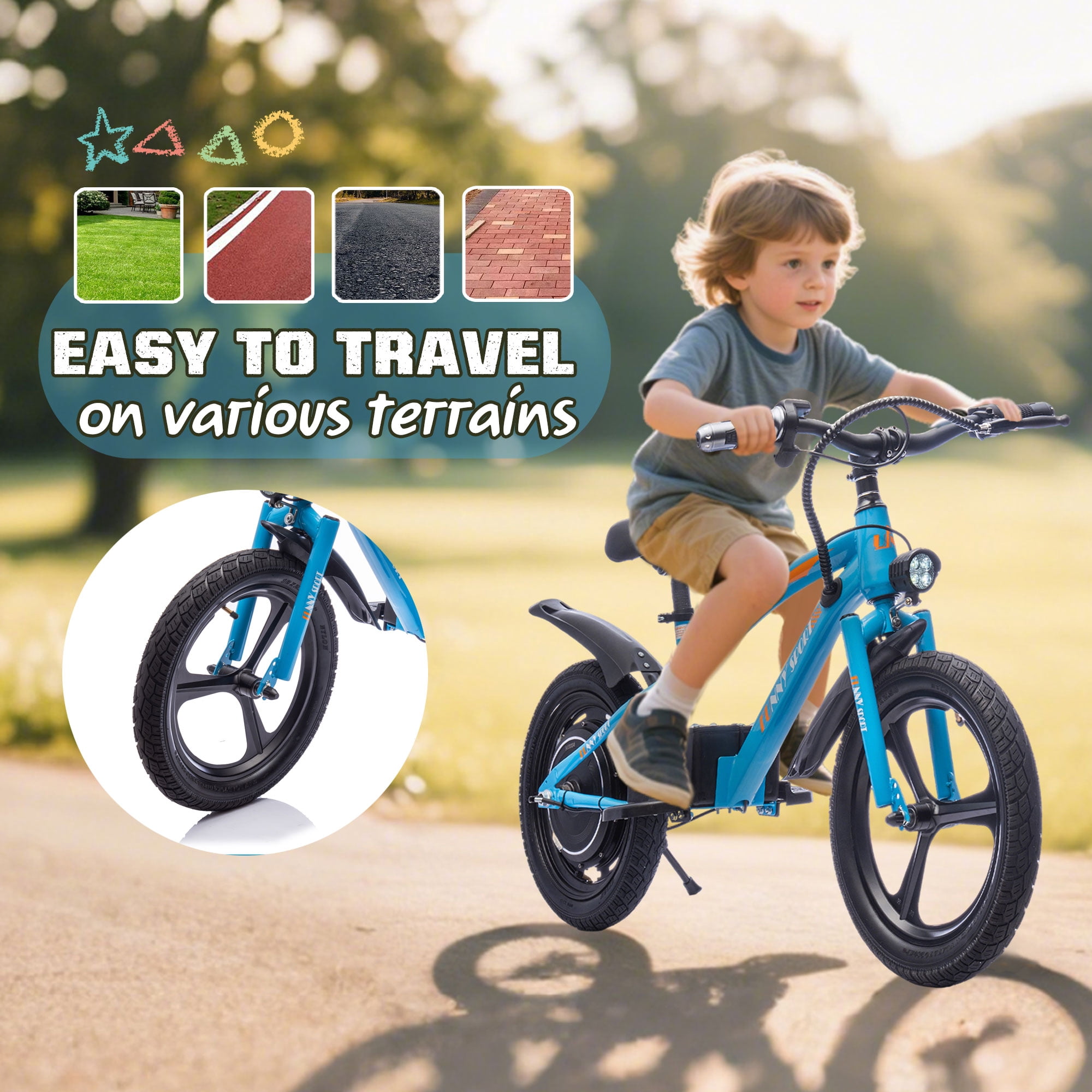 Track Seven 24V Kids Electric Dirt Bike, Ride on Mini Bike, 300W Super Power Motor, Up to 12.43 MPH, 16" Wheels, Adjustable Seat Height, Bright Headlight, Hand-Operated Brakes for Ages 5+, Blue