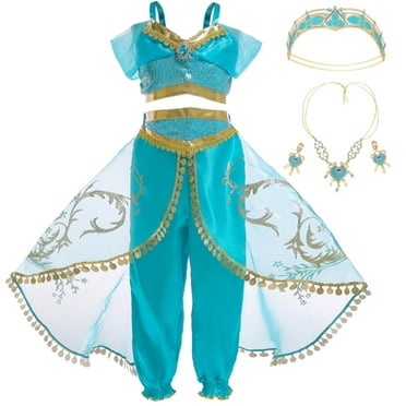 Jurebecia Jasmine Costume for Girls Sequined Princess Dress up Blue with Accessories