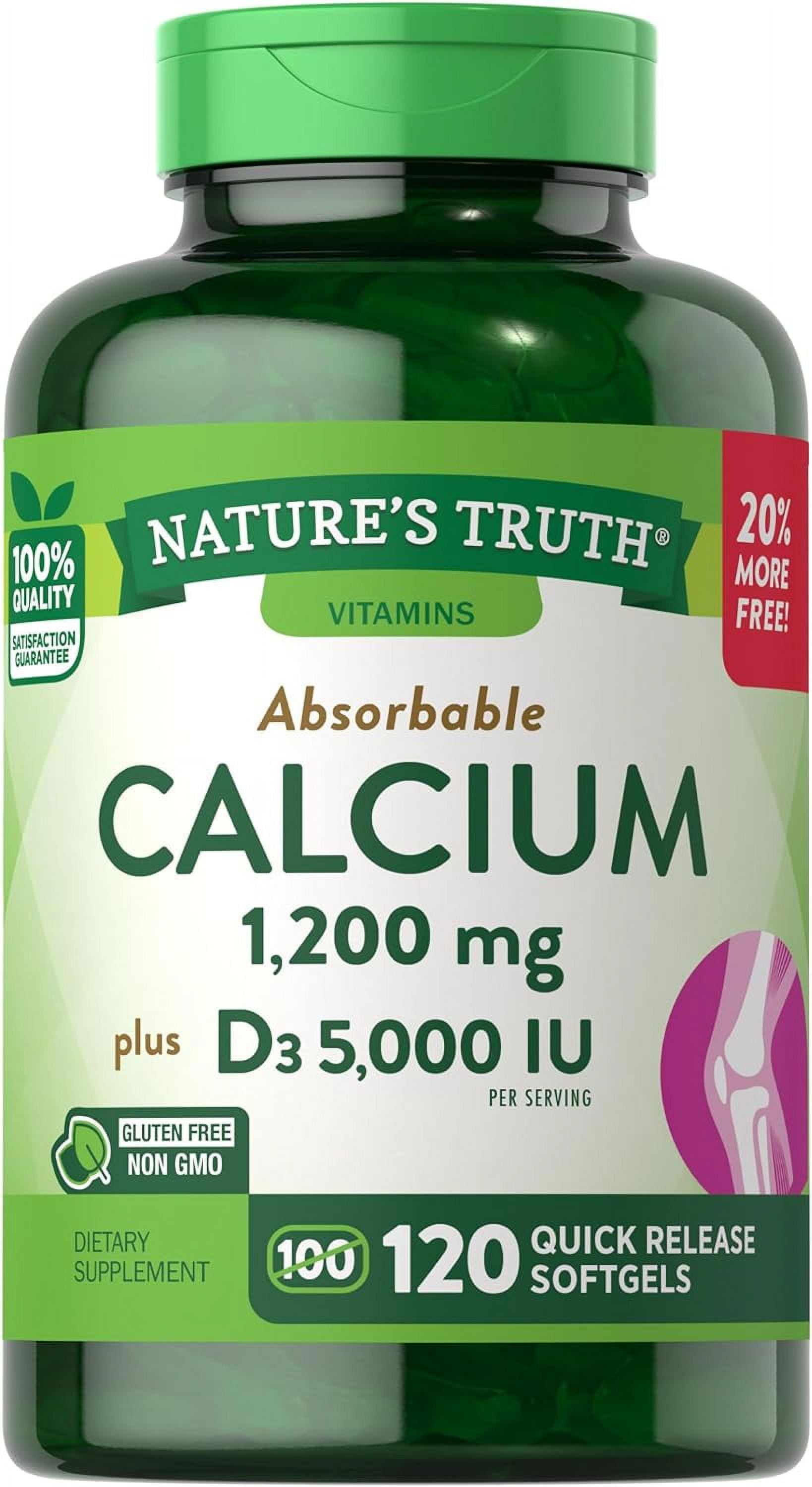 Absorbable Calcium 1200mg | with Vitamin D3 5000 IU | 120 Softgels | Calcium Carbonate | by Nature's Truth