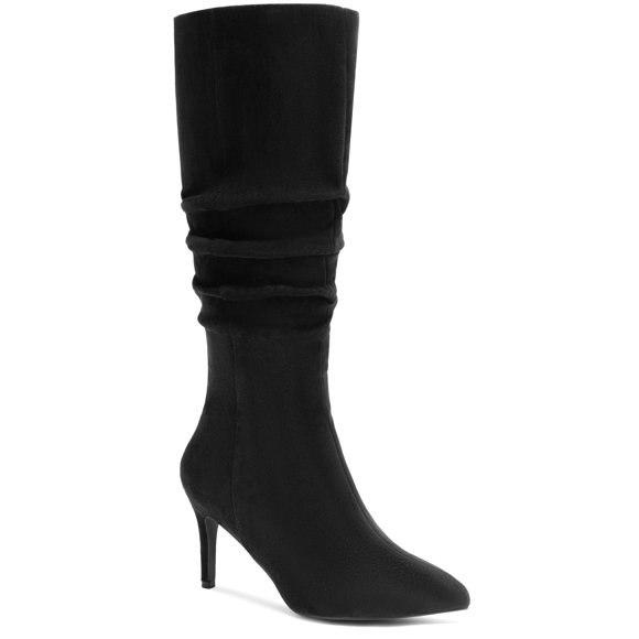 BLISSFUL STEP Women's Pointed Toe Slouched Stiletto Heels Knee High Boots Black (Size 7.5)