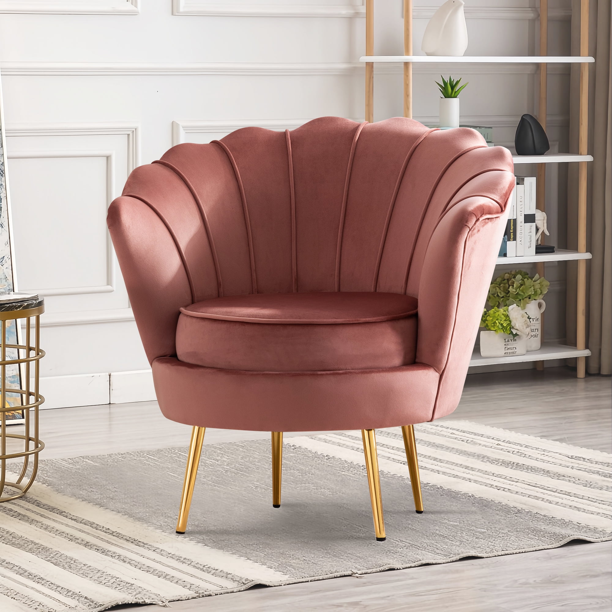 Pink Velvet Upholstered Arm Chair Scalloped Accent Chair Vertical