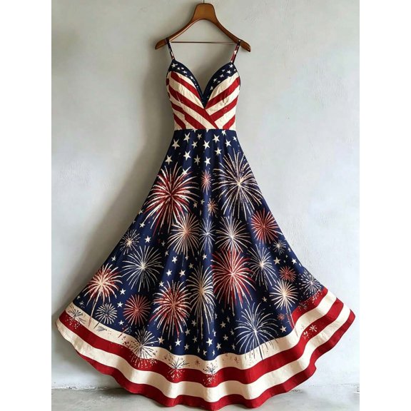 Multicolor Womens V-Neck Spaghetti Strap A-Line Maxi Dress With Fireworks & Stars Print, Sleeveless Summer Occasion Dress