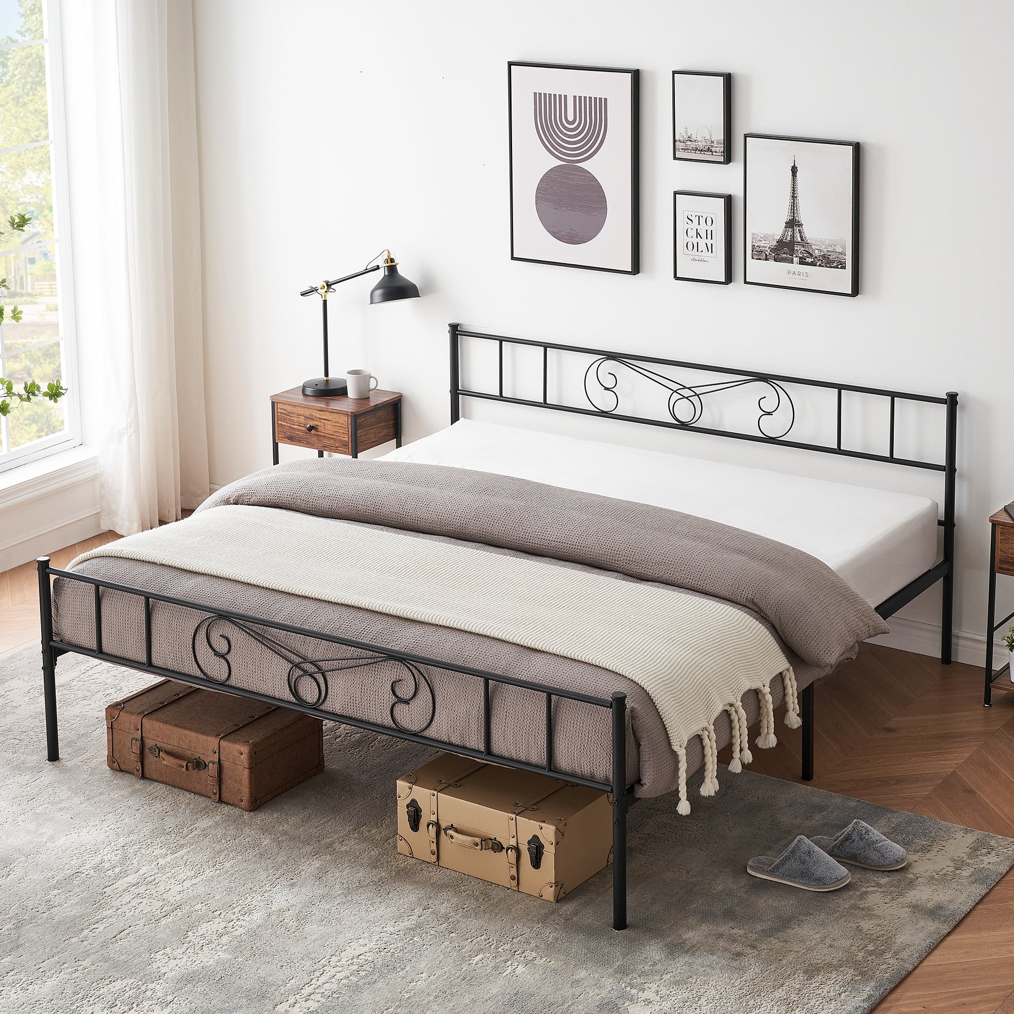 Senfot King Size Metal Platform Bed Frame - Minimalist Curved Iron Design, Heavy Duty Steel Slats, No Box Spring Needed, Black