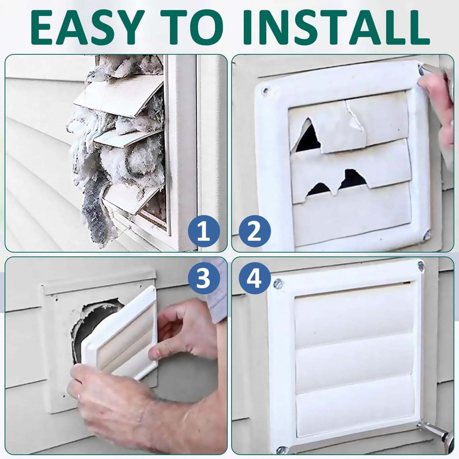 Detetap Vent Louvered Weather-Resistant Outdoor Plastic Dryer Vent Cover for 4 inch Pipe, UV Protection for Maximum Airflow Efficiency & Long-Lasting Durability，Includes 4 Screw (White)