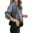 thumbnail image 2 of Women'S Denim Shirt Jean Jacket Fall Fashion Button Down Shirts Long Sleeve Tops Black & Grey XL, 2 of 9
