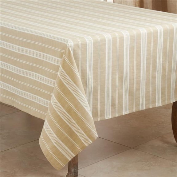 SARO 5618.KH70S 70 in. Square Cotton Tablecloth with Khaki Striped Design