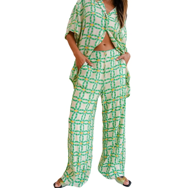 VISgogo, traje de 2 uds con pantalones para mujer, blusa con solapa abotonada de manga corta estampada, pantalones largos sueltos con cintura de tirantes, ropa informal de verano para mujer VISgogo moda