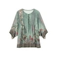 thumbnail image 4 of Women Button Up Blouses for Women Floral Print Shirts 3/4 Sleeve V Neck Pleated Front Blouse Tops Summer Casual T-shirts Dark Green M, 4 of 6