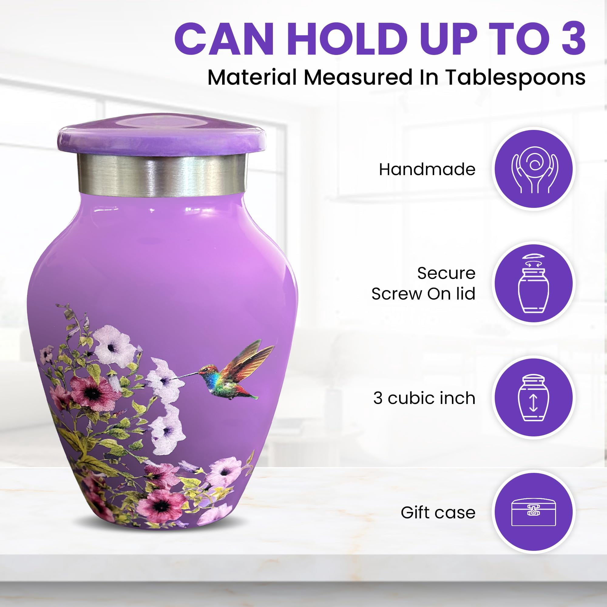TOSENG Handcrafted Small Urns for Human Ashes Keepsake, Set of 4, Purple Floral & Hummingbird Urn Design - Polished Aluminum Memorial Keepsakes with Secure Screw Lid, Felt Base, & Case - 3x1.75 Inch