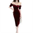 thumbnail image 1 of Vestido ajustado de terciopelo para mujer, cuello cuadrado elástico, encaje, fiesta de boda, 1 of 2
