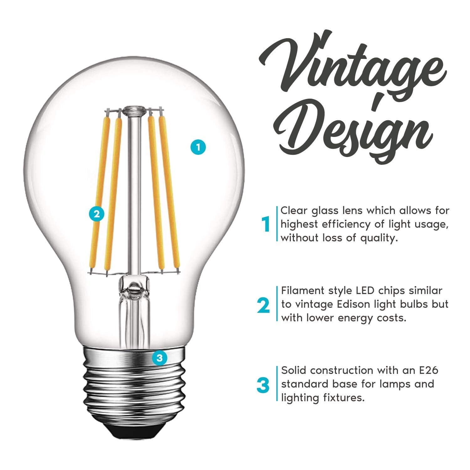 Luxrite Vintage A19 LED Light Bulbs 60W Equivalent, Dimmable, 800 Lumens, LED Edison Bulb 8W, E26 Base (4 Pack) 5000K (Bright White)