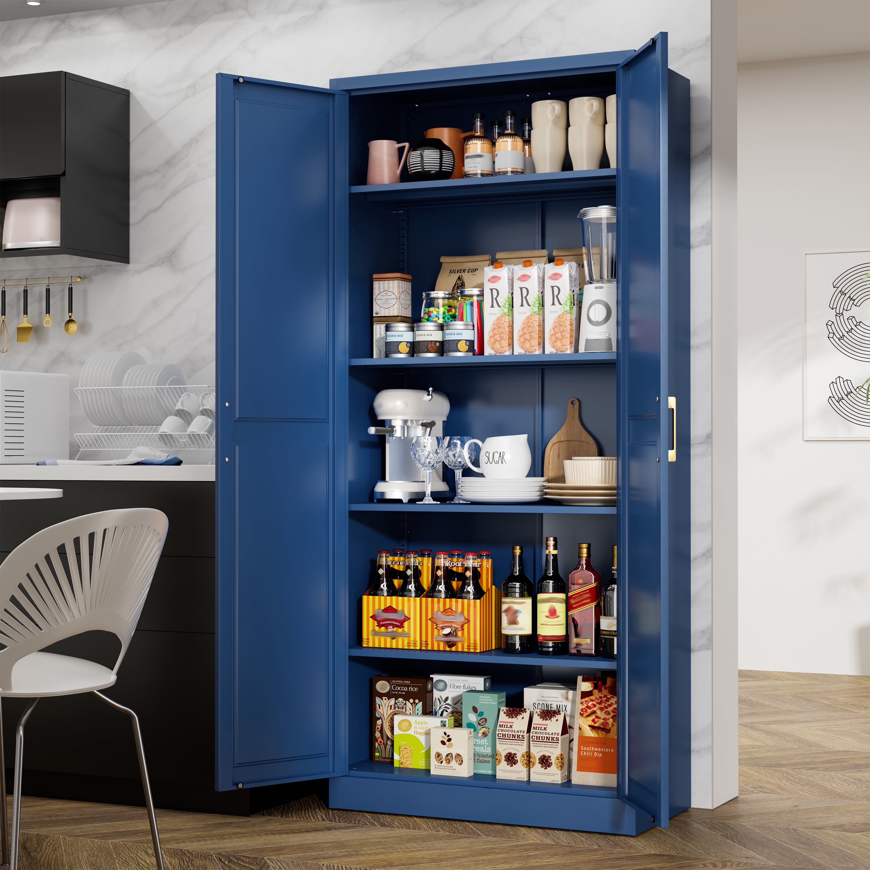 Polup 71" Height Metal Blue Storage Cabinet, Modern Steel Pantry Cupboard with 2 Doors and Adjustable Shelves for Kitchen Garage and Home
