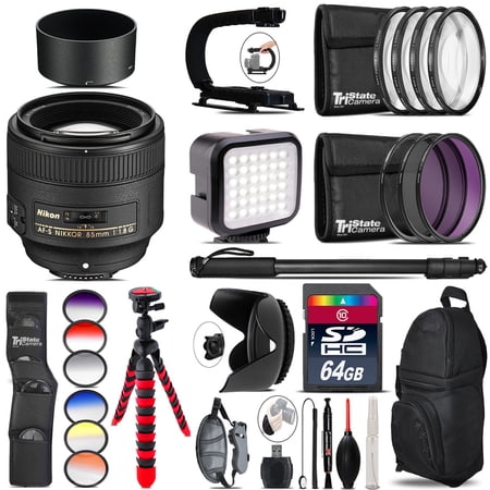 Nikon AF-S 85mm f/1.8G Lens - Video Kit + Color Filter - 64GB Accessory Kit (International Version)