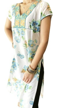 Mogul Women Tunic Dress, Cotton White Green Floral Printed Boho chic Indi Dress , Summer Cotton Housedress S