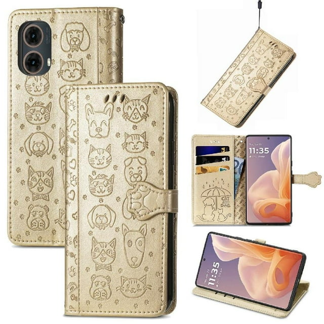 Funda Cartera FOXDOCK para Motorola Moto G85 , Flip PU con Relieve de Gatos y Perros, Tarjetero y Soporte