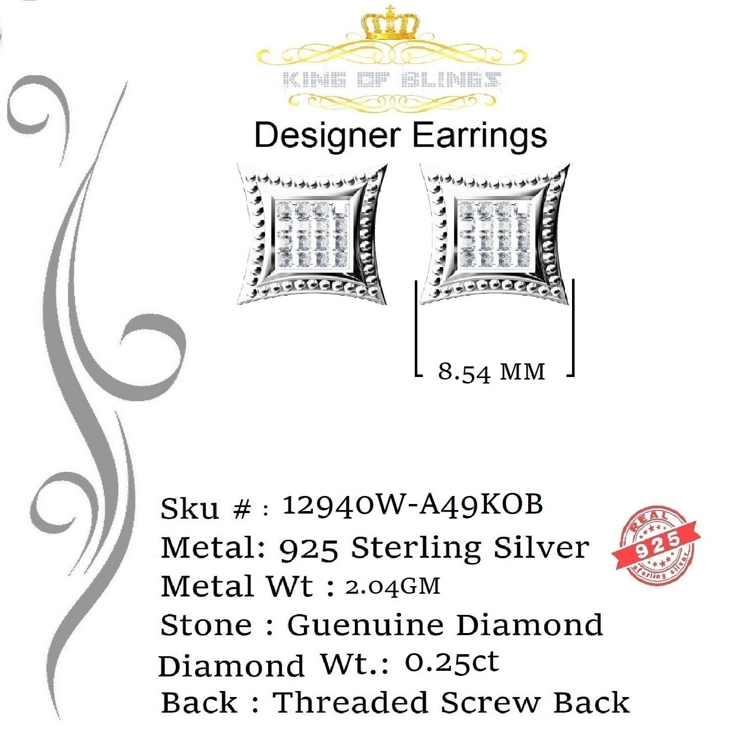King of Bling's Aretes Para Hombre 925 White Silver 0.25ct Diamond Men's Stud Kite Earrings