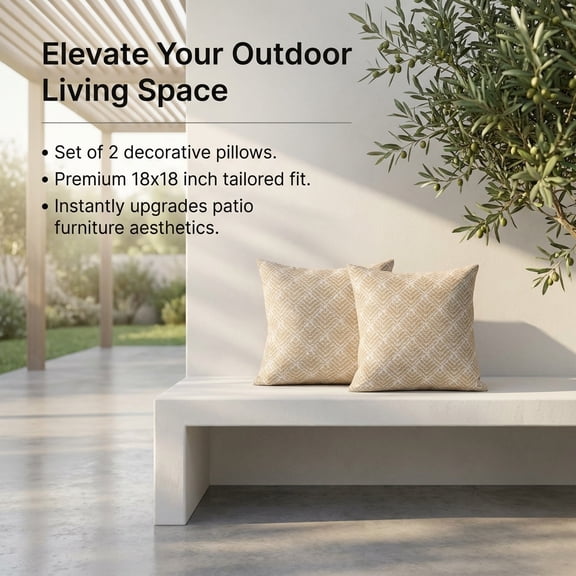 2 Pack Outdoor Throw Pillows 18x18 Inch, Waterproof Fade Resistant Beige Geometric Patio Pillows for Sofa, Porch, Garden, Poolside