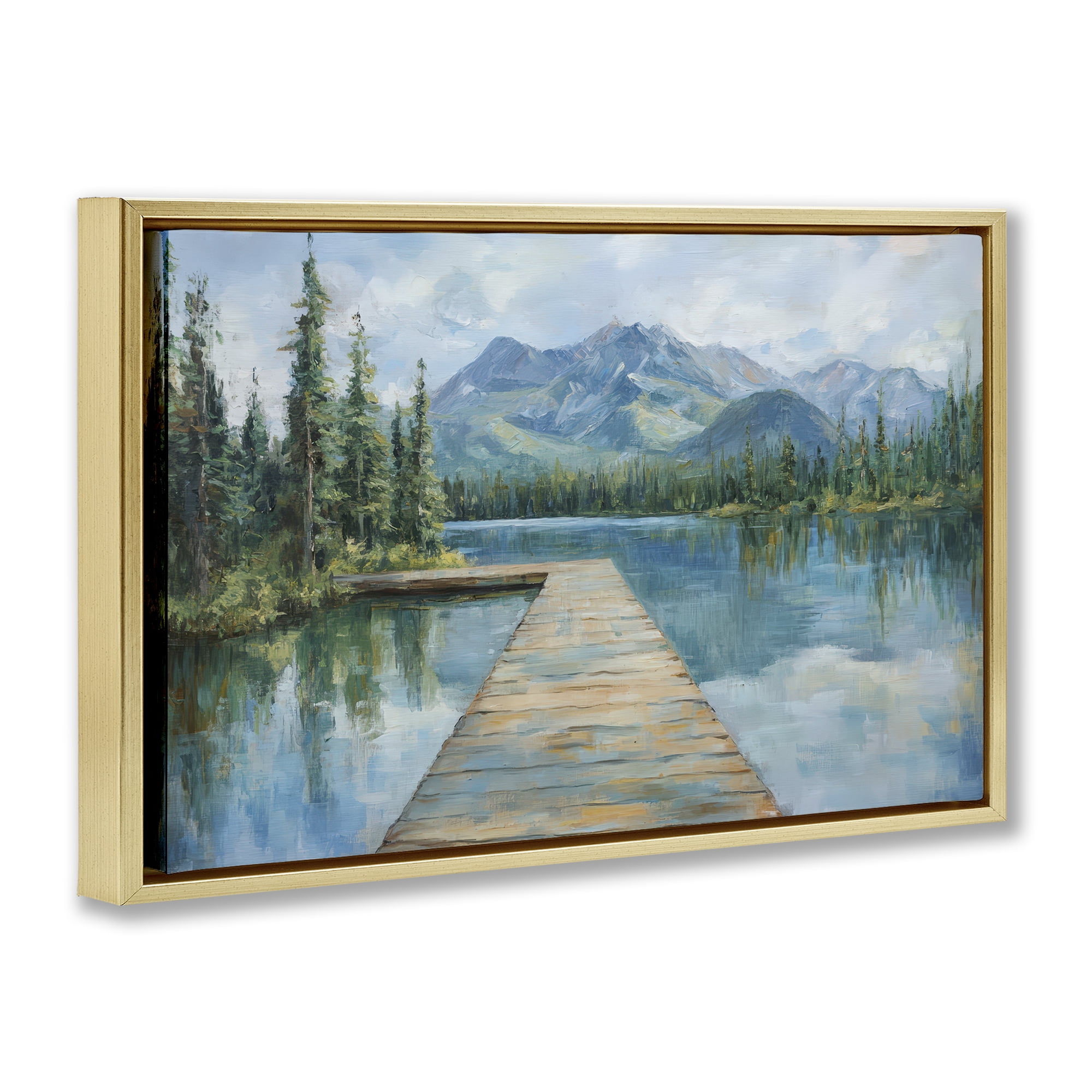 Stupell Industries Peaceful Lake Dock in the Mountains Gold Framed Floater Canvas Wall Art, design by Petal Prints Design