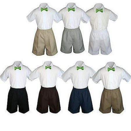

3pc Set Boy Toddler Formal Party Lime BowTie White Navy Black Khaki Shorts S-4T